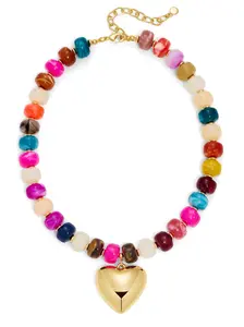 Trendy Chunky Colorful Beaded Necklace, Gold Heart Pendant, Resin Beads, Heart-Shaped Charm, Stylish Jewelry for Women