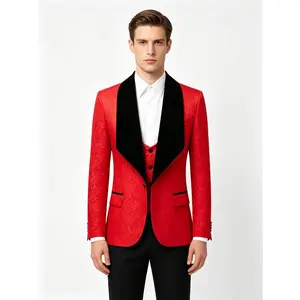 Men's 3-Piece Red Jacquard Tuxedo Suit - Slim Fit Shawl Velvet Lapel Blazer with Vest & Pants for Wedding, Prom, Formal Dinner Party