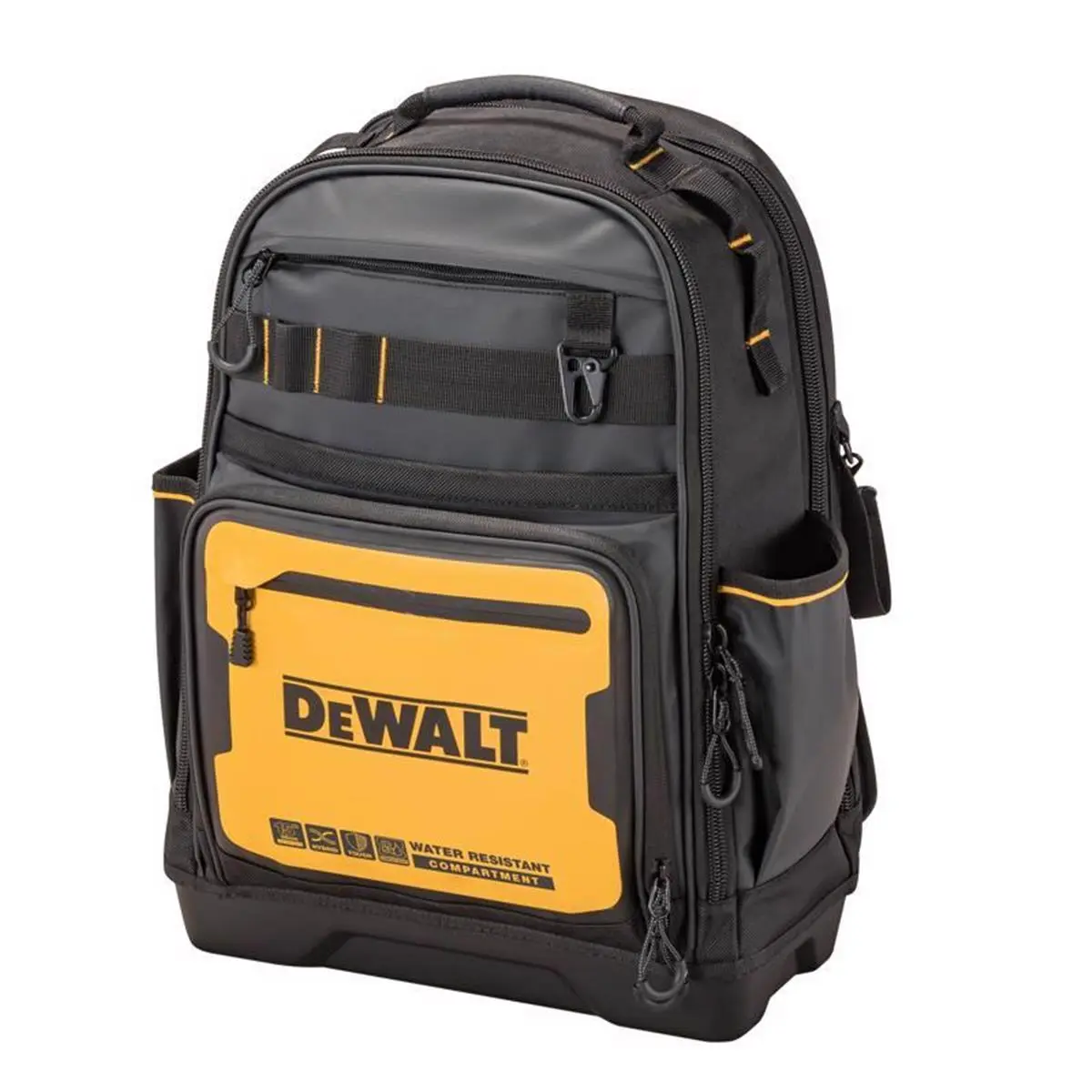 212 MAIN Pro Tool Organizer Backpack, Portable Tool Storage Bag with 43 Pockets, Water-Resistant Polyester-Tarpaulin Build, Zipper Top, Tape Holder, Black & Yellow Pockets