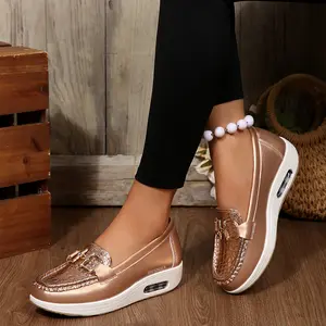 Women's Slip-On Loafers with Air Cushion Sole Printed Pattern Embossed Design & Metal Buckle Decoration Indoor Outdoor Shoes