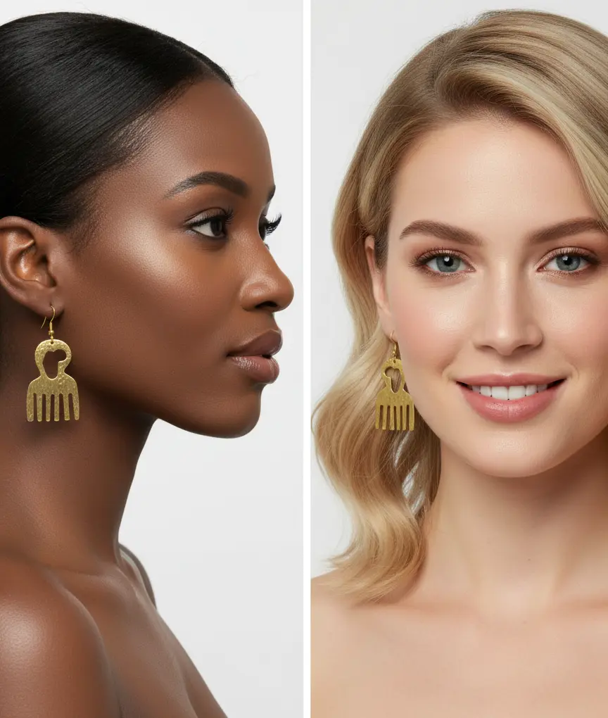 Gold Comb-Shaped Handmade Ethnic African Embroidery Earrings - African Print, Afro Style, Artistic, Cocktail, Gold Accent Costume Jewelry, African Print Earrings, Artistic Earrings