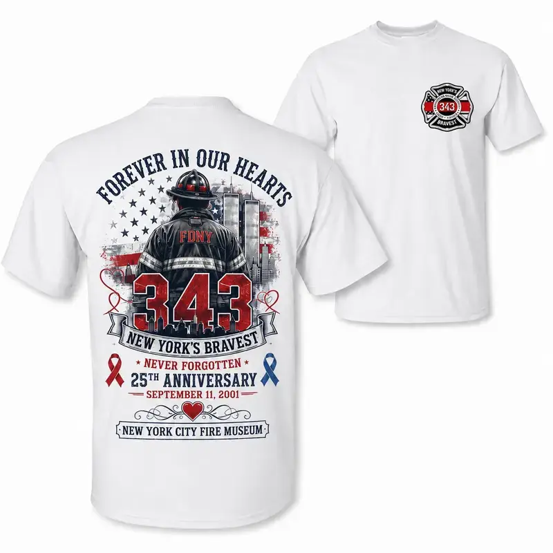 [MADE IN US] Men's Casual Classic Short-Sleeve Seamless 343 New York Firefighter Memorial T-Shirt, Patriotic American Flag & Skyline Graphic, 9/11 Remembrance Gift for Firefighter Families, Tops, Basic