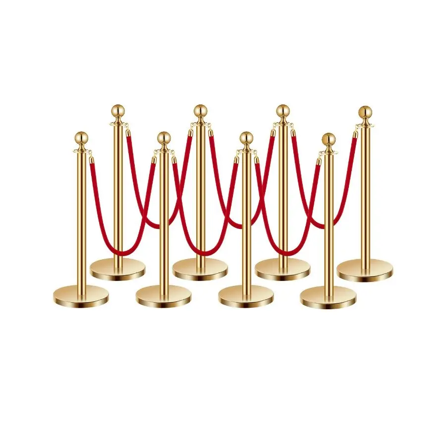 VEVOR 8Pcs Minimalist Gold Stanchions with 6 Red 1.5m Corded Velvet Ropes - Strong Stainless Steel Posts, Hollow Base, Silver Event Barriers for Wedding, Hotels, Party Supplies