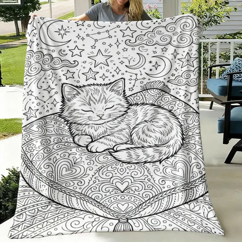 Cat Coloring Book Style Blanket, Soft Flannel Throw Blanket with Cute Sleeping Kitten Star Moon Print, Cozy Cat Lover Gift for Kids Girls Teens Women, Black White Animal Blanket for Bed Couch Sofa Dorm Room, Naptime and Movie Night