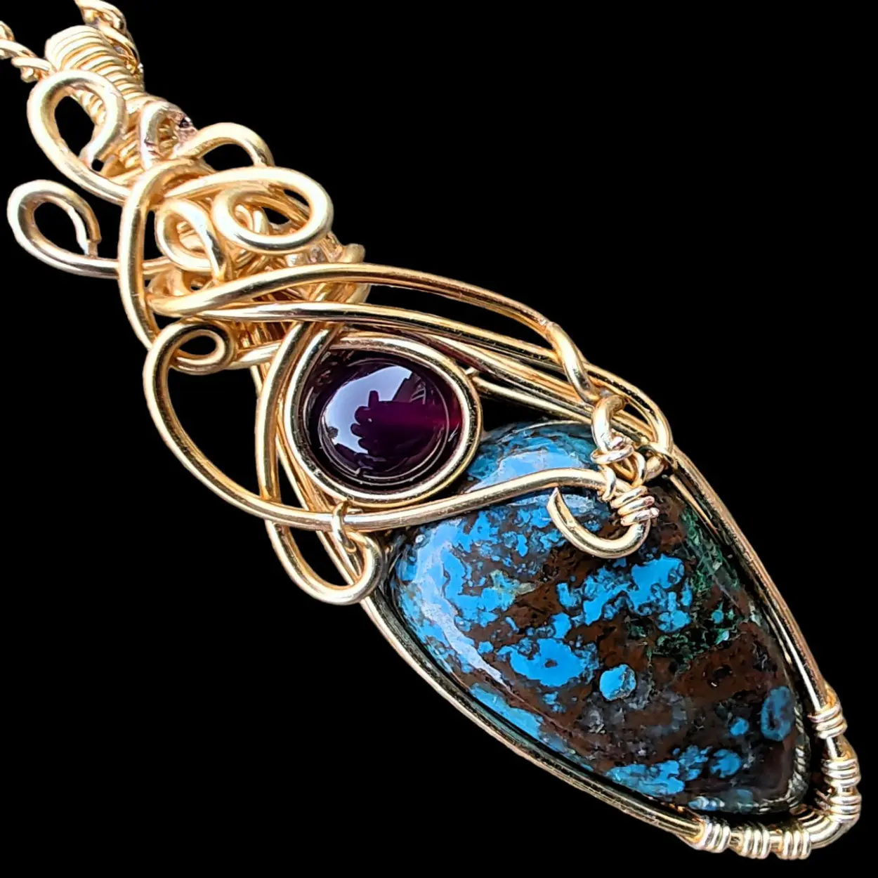 Rare Top Chrysocolla Azurite Amethyst Gold Copper Elven Elvish Victorian Fantasy Wire Wrapped Gemstone Pendant Necklace Amulet