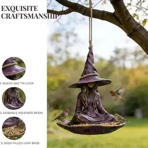 Witch Statue Hanging Bird Feeder, Purple Headband Creative Wild Bird Seed Tray With Rope Hook, Bird Feeder Hanger, Farmhouse Zen Garden Decor, Outdoor Patio Yard Art, Unique Gift for Bird Lovers