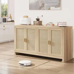 Sideboard Storage Cabinet, 4 Doors Rattan Kitchen Storage Cabinet, MDF Kitchen Cupboard for Entryway, Living Room,156x81.5x40CM,Natural