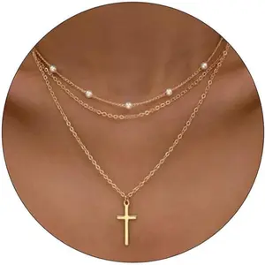 14K Gold Plated Dainty Layered Cross Paperclip Chain Choker Necklace Set, Horizontal Sideways Cross Necklace  for Women, Minimalist Trendy Jewelry Gifts