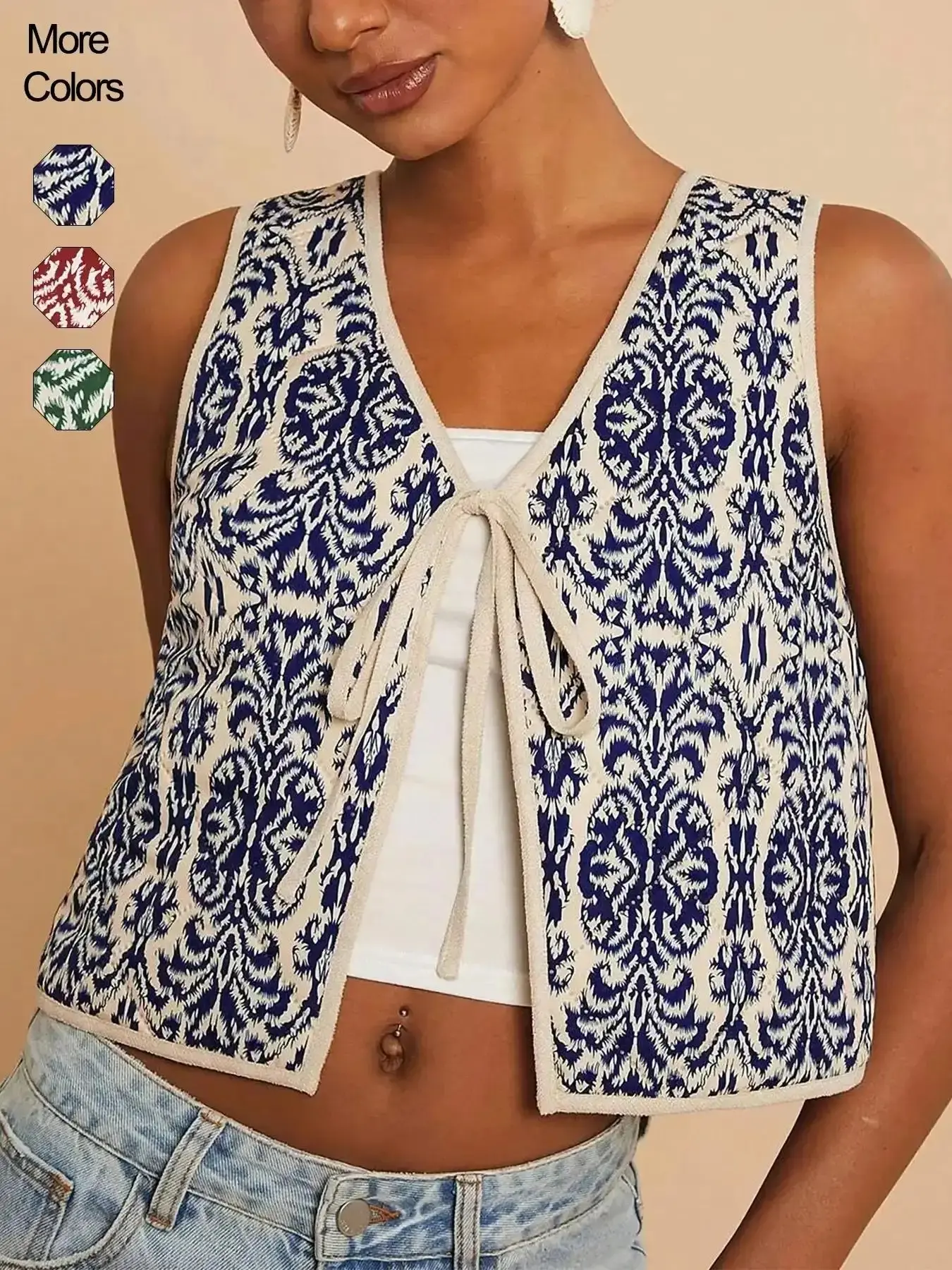 Women's Chic Ethnic Pattern Tie Front Vest, Casual Sleeveless Outerwear, Boho for Beach Vacation Holiday, Ladies Clothes for All Seasons, Vests, layering essential, polished outerwear, effortless layering