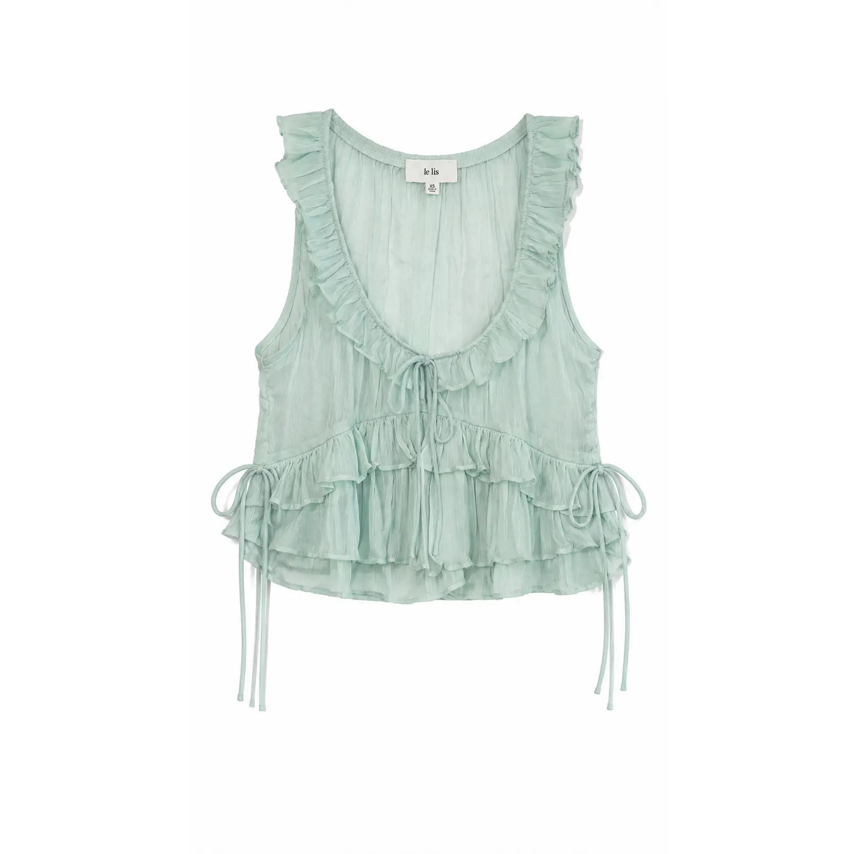 Women's Mint Green Sheer Ruffle Blouse - Lightweight Sheer Fabric Sleeveless Soft Polyester Top, Scoop Neck, Tiered Ruffled Edges, Loose-Flowy Fit, Adjustable Side Ties, Airy Look for Casual Brunch Dates