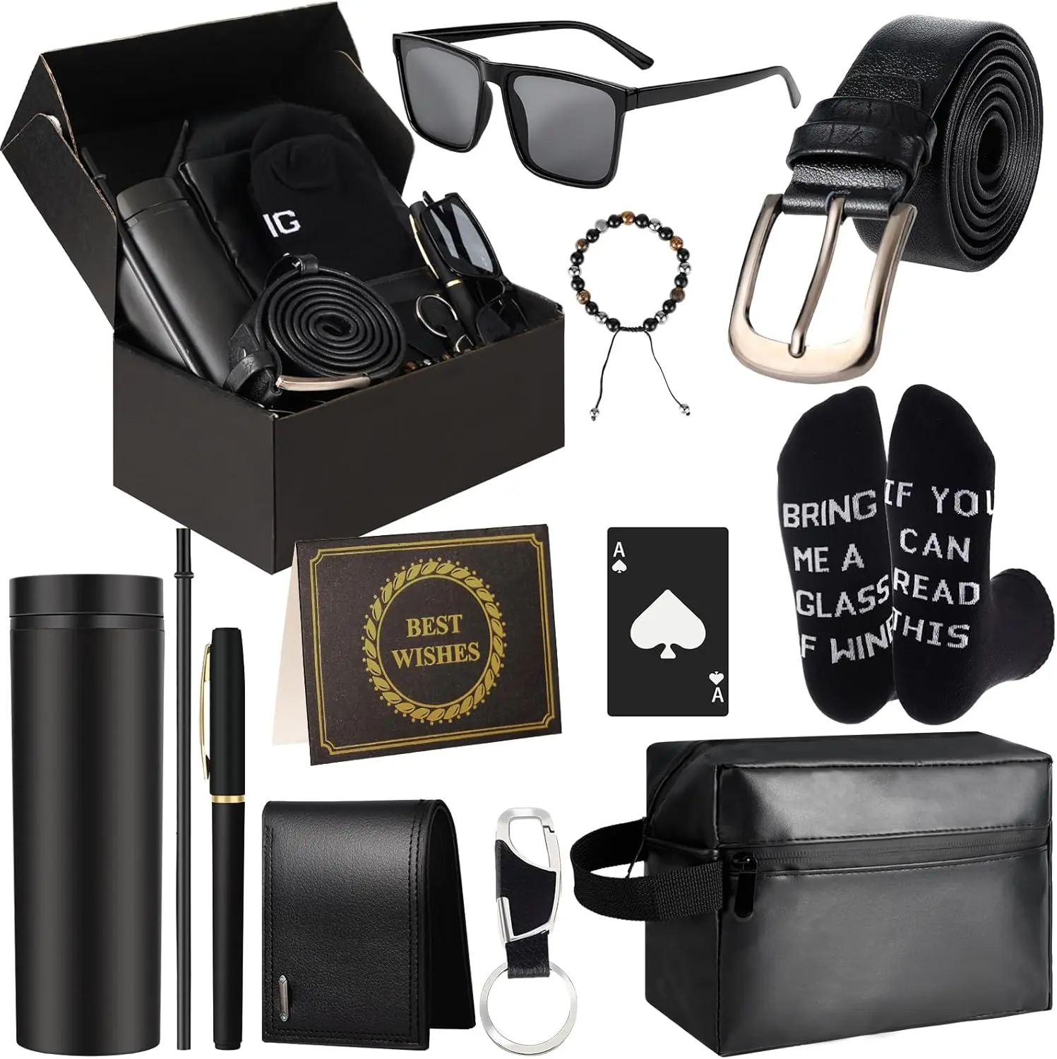 2026 Gift Birthday Gifts Box for Men Dad Gifts Basket Set for Fathers 16 oz  Wallet Toiletry Bag Bottle Opener Sunglasses Bracelet Socks Pen Keychain Personalized Gift for Dad