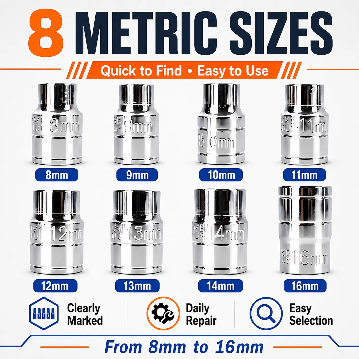 8-Piece Clearly Marked Metric Chrome Metal Socket Wrenches Set - Mechanic Tools for Auto Repair & Home Maintenance (Sizes: 8,9,10,11,12,13,14,16mm)