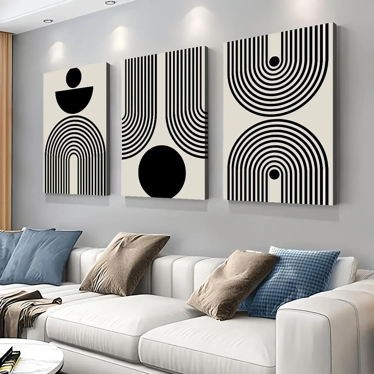 Wall decoration, 3-piece set of black abstract wall art with wooden frames--geometric minimalist sun line canvas poster, durable and suitable for bedroom and living room decoration, ideal gift for home and dormitory, living room decoration |   Modern Wall