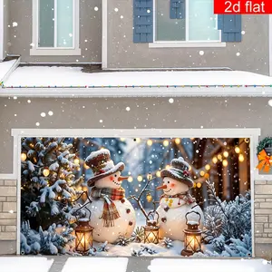 2D flat banner, 1pc, Large Christmas Polyester Garage Door Banner, Winter Snow Scene Snowman Pattern, Durable, Easy to Hang Suitable for Christmas New Year Party Mural Decoration 71x157 Inch