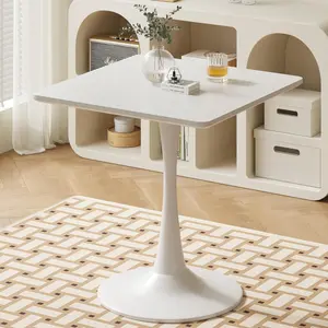 24-inch white square two-person tulip dining table with wooden top and pedestal base, mid-century modern table for kitchen, living room, café, coffee shop, office, bistro, pub, bar