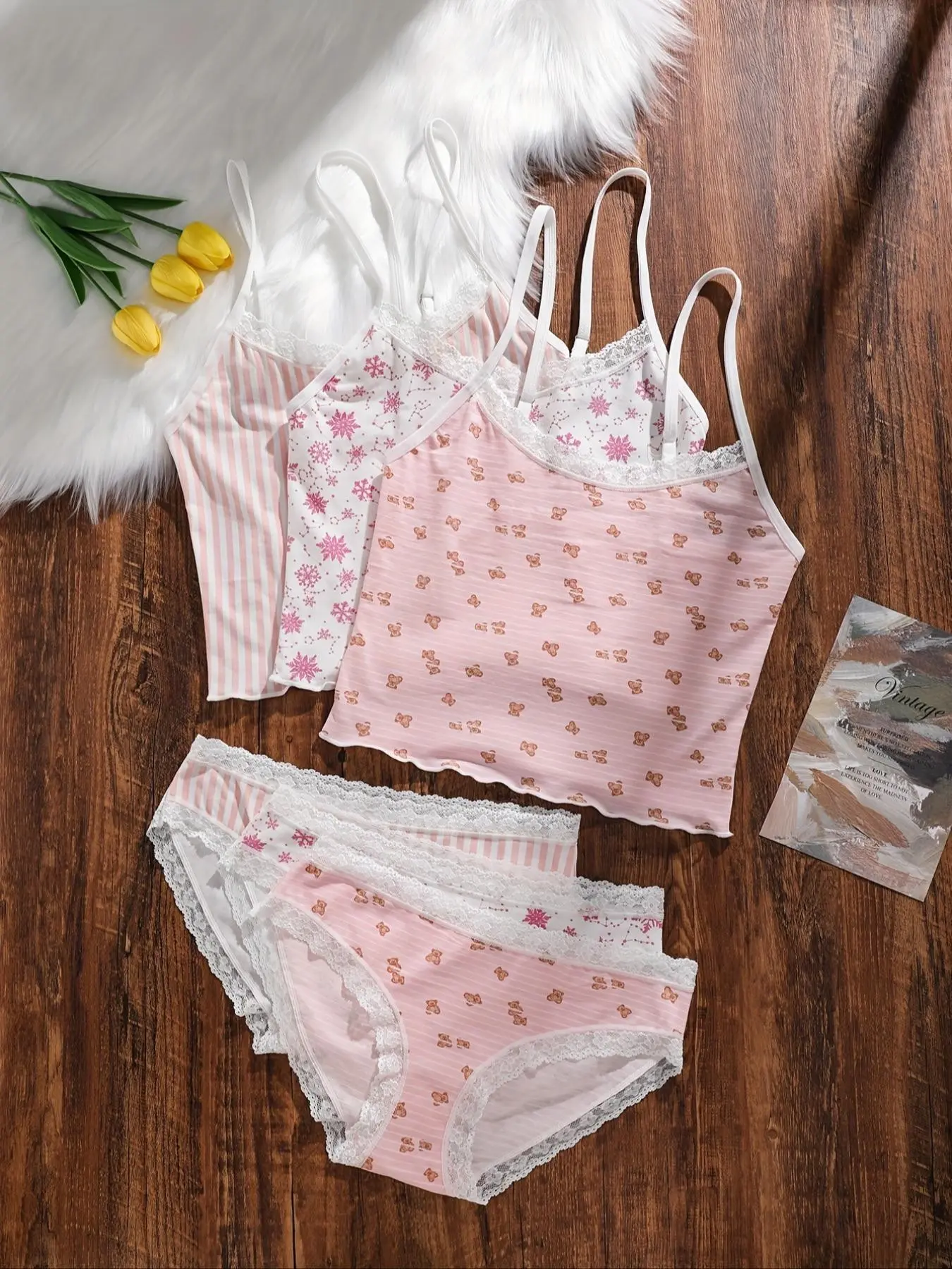 Women's Snowflake & Bear Lace Trim Tank Top Matching Underwear Set, Sexy Cute Sleeveless High Waist Blouse, Floral Panties, 3 Piece Outfit