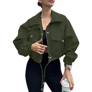 Womens Cropped Bomber Jacket Lightweight Fall Utility Safari Zip Up Anorak Coat With Pockets