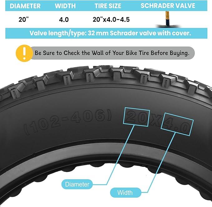Hycline Fat Bike Inner Tube: 20/26x4.0 Inch 2-Pack Electric Fat Tire Tubes AV 32mm Schrader Valve, Premium Butyl Rubber Puncture Resistant Replacement T