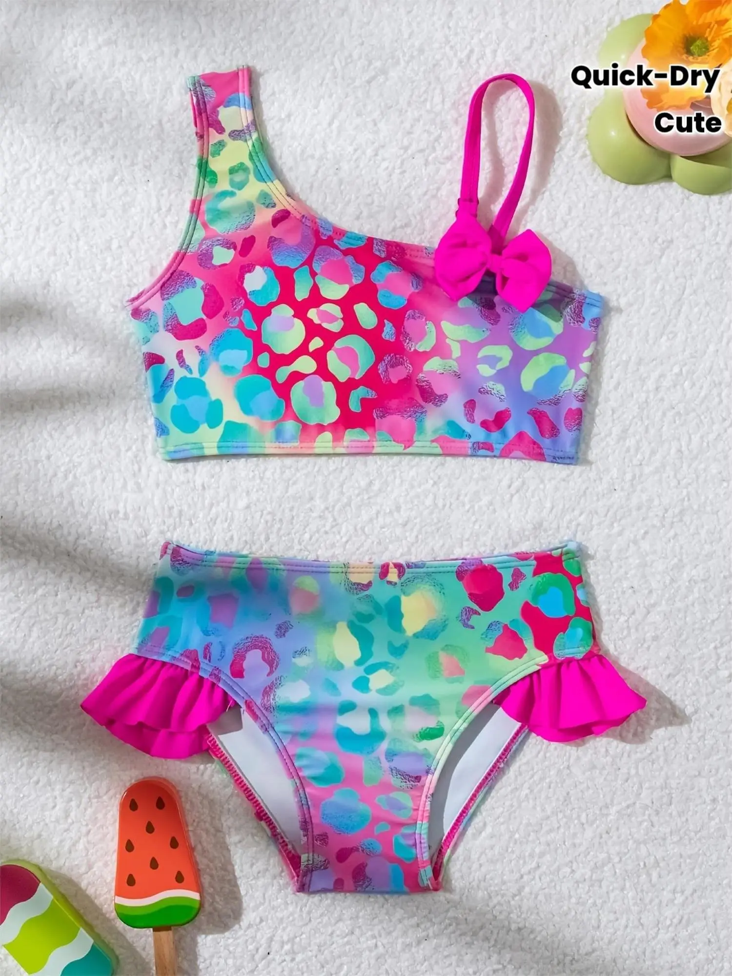 Girls' Cute Patterned Swimsuit, 2-Piece Off-the-Shoulder Bikini Set with Eyelash Print and Ruffles, Tight Fit High Elasticity Fabric, Swimsuit Beachwear