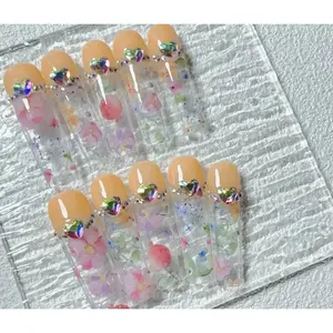 Orange Press On Nails With  Flowers Decor French Tips And Rhinestones