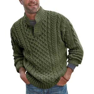 PASLTER Mens Stand Collar Pullover Sweater Cable Knitted Chunky Winter Fashion Buttons Twisted Thermal Sweaters QT1043 Knitwear Sweatshirt Menswear