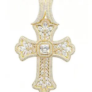 M2-2167 Iced Out Hip Hop Rapper Statement Ornate Religious Bling Cross Pendant 118mmX71mm for Everyday Wear Sparkling Zirconia