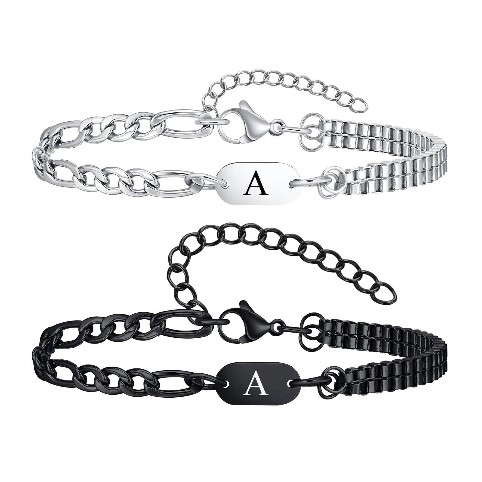 FASHION4U - Initials Bracelets for Men Women Couple,Alphabet A-Z 26 Letter Stainless Steel Chain Link Wristband,Valentine's Day Gift for BBF