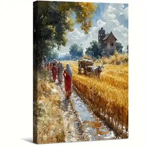 Punjabi Khet Art Print, Women Tending Crops With Bullock Cart In Punjab India, Vibrant Agricultural Scene, Rustic Cultural Wall Art For Living Room, Bedroom, Office, Rural Landscape Poster
