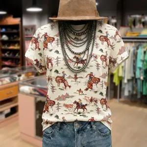 Cherrybetty 100% Cotton Rodeo Cowboy Print Short Sleeve T-Shirt Tiktok Shop Spring Glow Up  Comfort Outfits Going Out Tops Spring Summer Fashion