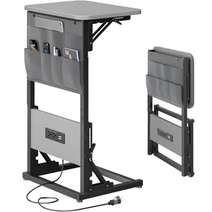 Ecofurnix C Shaped End Table with Charging Station, Couch Side Table with Storage Bag, Height-Adjustable and Foldable TV Tray with 2 USB Ports and Outlets for Living Room, Bedroom Modern Nightstand