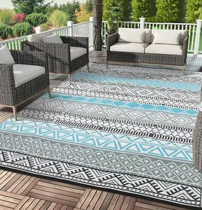 GARVEE Waterproof Outdoor Rug 10x14, Reversible Plastic Straw Patio Camping Rug, Indoor Outdoor RV Mat Carpet for Deck, Camper, Porch, Balcony, Backyard, Picnic,Blue & Gray