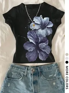 Women's Short Sleeve Fitted T-Shirt, Casual Floral Graphic Print Top, Soft Knit Fabric, Y2K Street Style, Suitable for All Seasons