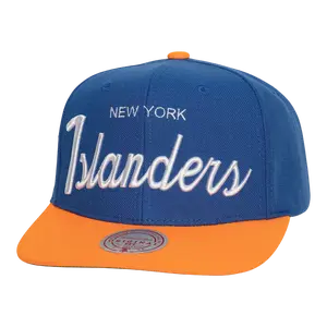 Mitchell & Ness NHL New York Islanders Men's Vintage Script Snapback Hat, Blue - 90s Vintage, Old School, Classic Logo Men's Snapback Hats