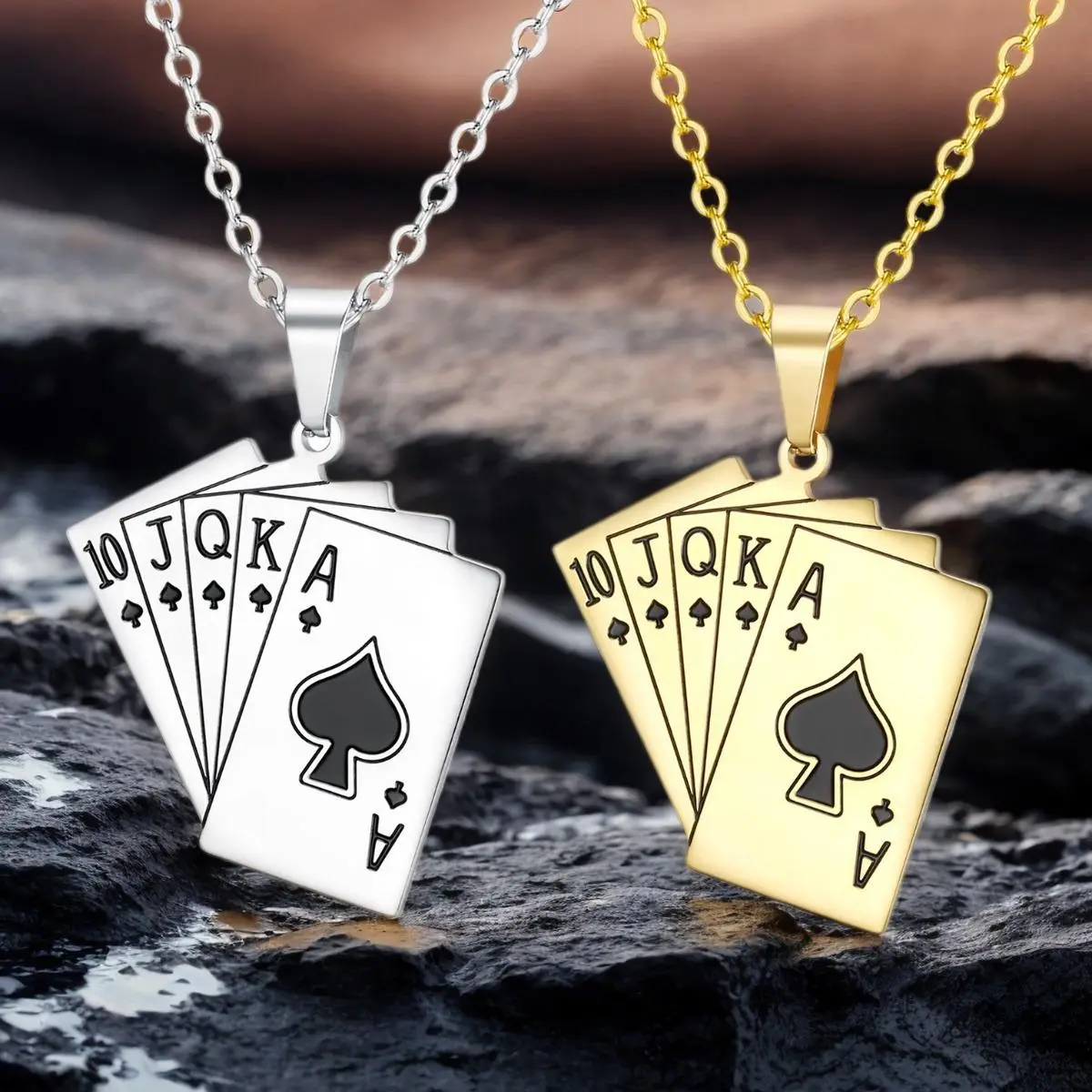 Men's 1pc Geometric Hip Hop Poker Card Floral Square Pendant Necklace - Stainless Steel Chain, Durable Fadeproof Design, Ideal for Daily Wear or Anniversary Gift, Casual, Cool And Stylish Design, Does Not Fade