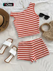 Women's Striped Pattern Asymmetrical Top & Shorts Set without Accessories, Casual Sleeveless Top & Shorts, Ladies Summer