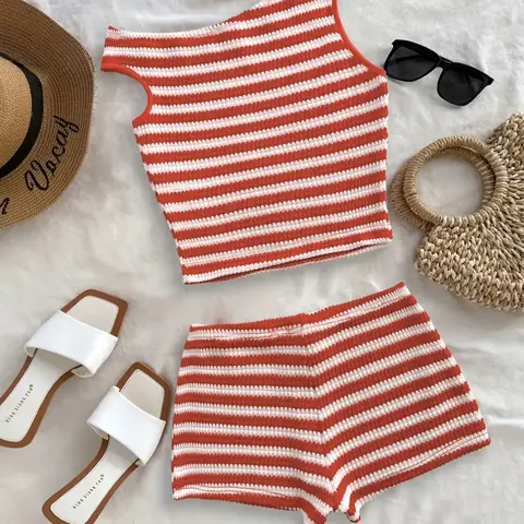 Women's Striped Pattern Asymmetrical Top & Shorts Set without Accessories, Casual Sleeveless Top & Shorts, Ladies Summer Outfit, Summer Gift Set Clothing