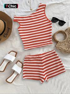 women's striped pattern asymmetrical top & shorts set without accessories, casual sleeveless top & shorts, ladies summer, casual matching set