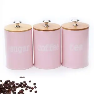 Pink Metal Food Storage Canisters, Set of 3 Airtight Kitchen Jars with Bamboo Lids for Tea, Sugar, Coffee & Dry Goods, Elegant Pantry Organization & Countertop Decor, Valentine‘s Day Gift Idea，girly kitchenware