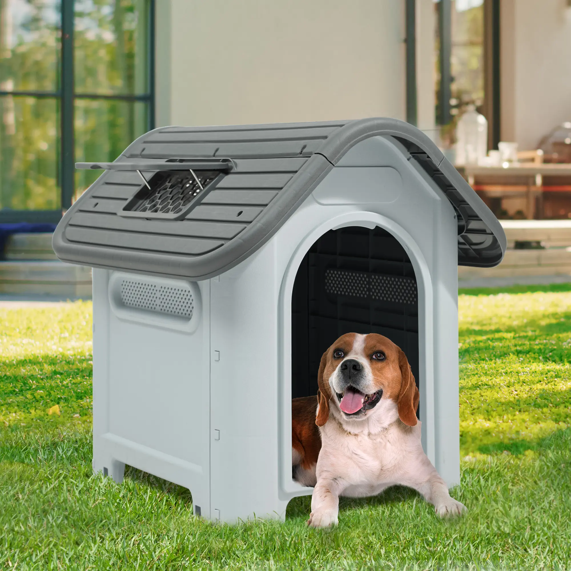 YITAHOME 30'' Large Dog House Outdoor Plastic Doghouse Water Resistant Pet House with Adjustable Skylight and Elevated Base for Small Dogs