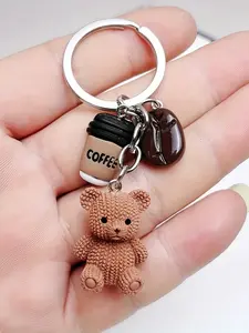 Coffee Bean & Mini Coffee Cup & Knit Bear Keychain Charms, Brown Bag Pendant for Backpack Purse, Cute Coffee-Themed Bag Decoration, Ideal for Coffee Lovers & Bear Enthusiasts