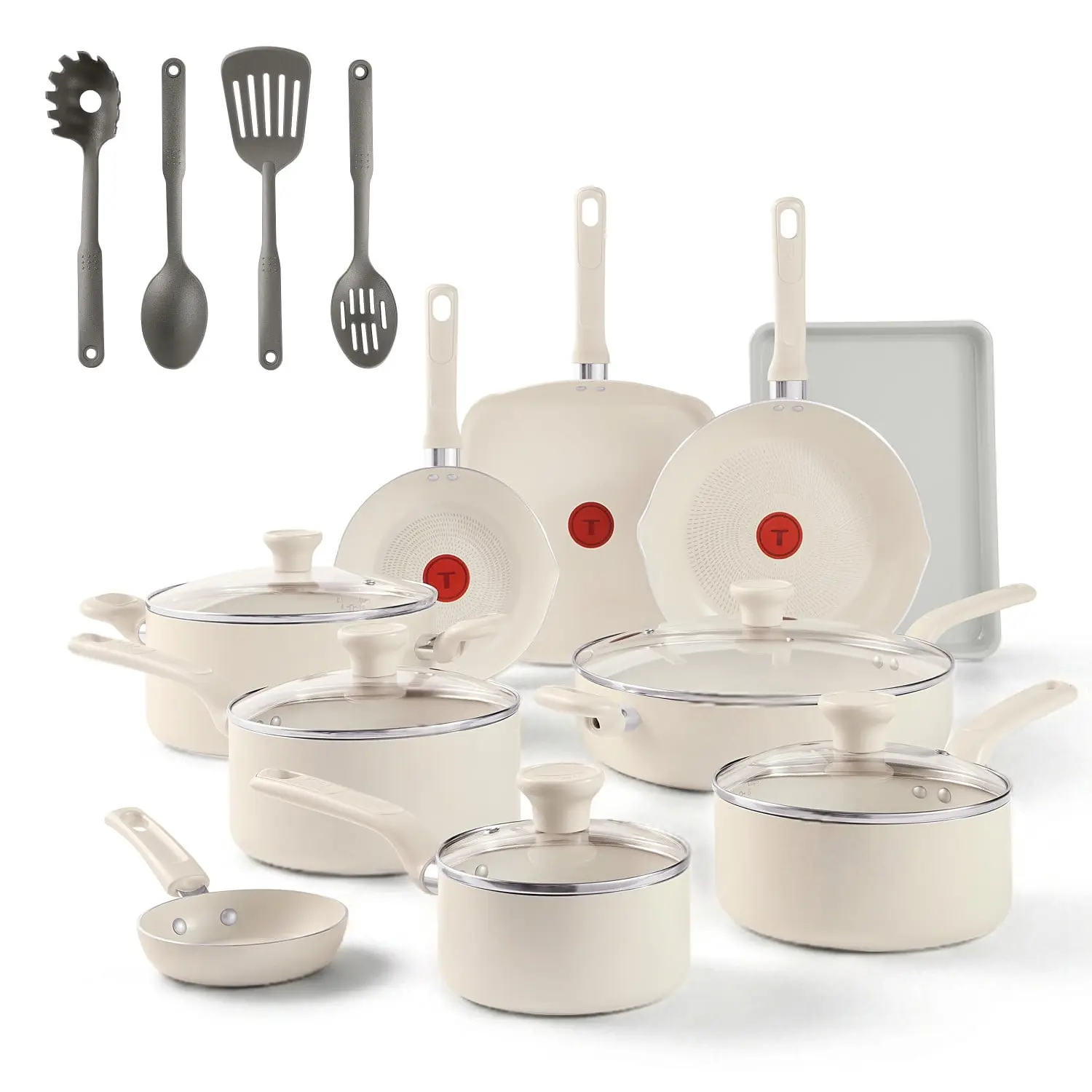 T-fal Easy Care 20 Piece Nonstick Cookware Set, Pots and Pans, Beige