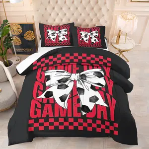 2/3 Piece of Black and White  Bow Pattern Comforter Set, Red and Black Checkered Pattern, Cozy and Soft Bedding Set, "Gameday" Football Match, Basketball Match and Other Sports Events, Including 1 Quilt and 1/2 Pillowcase