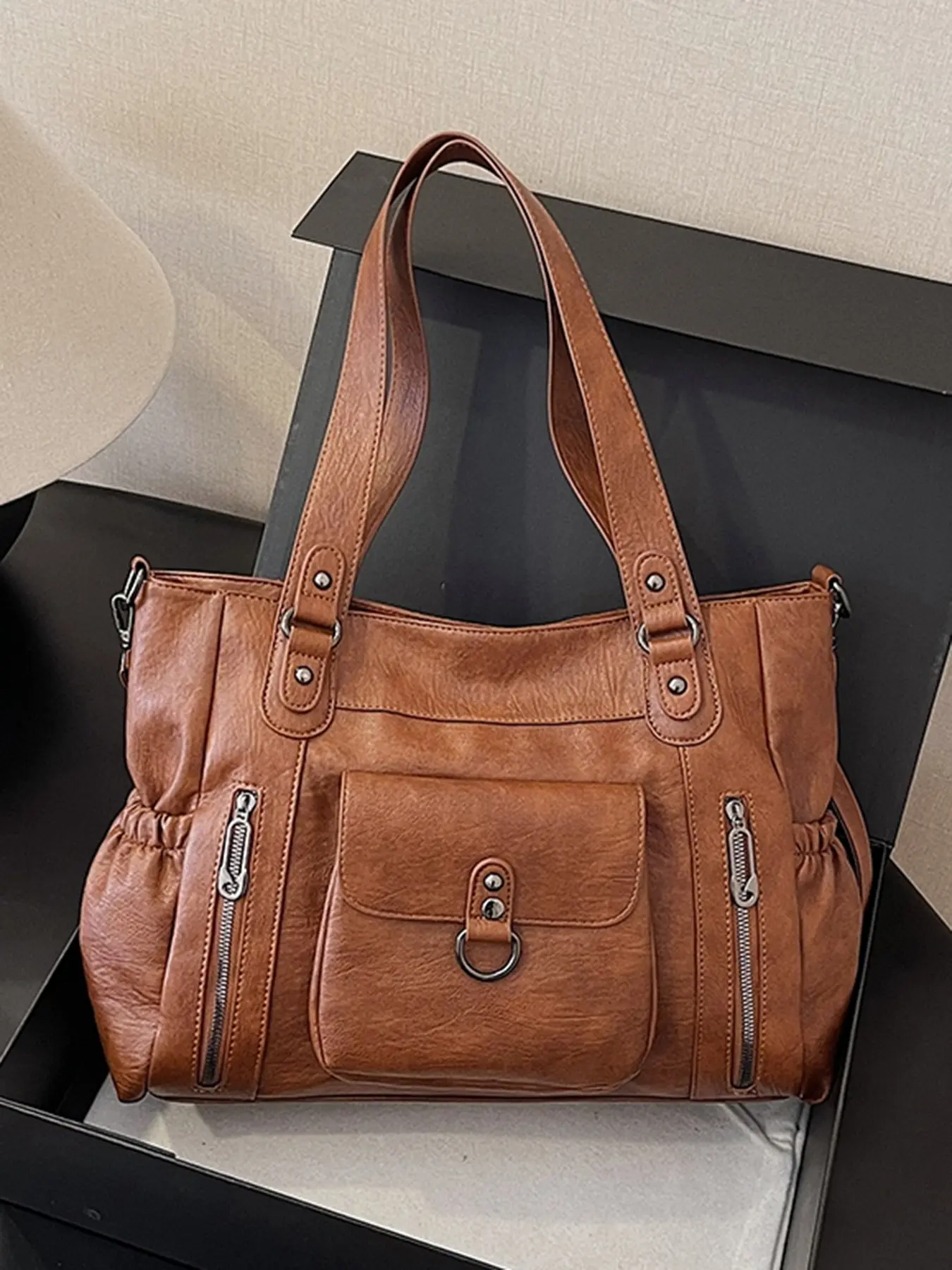 Retro light luxury fashion tote bag, multi zipper pocket design, solid color casual versatile large capacity daily shoulder bag, can accommodate files and tablets, suitable for commuting and shopping, Commuter Purse, Fashionable Versatile Purse