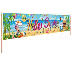 Hello Summer Pool Party Banner, Colorful Tropical Beach Long Banner with Surf Van & Flamingo, Perfect for Pool Parties, Summer Luau, Hawaiian BBQ, Backyard Summer Events