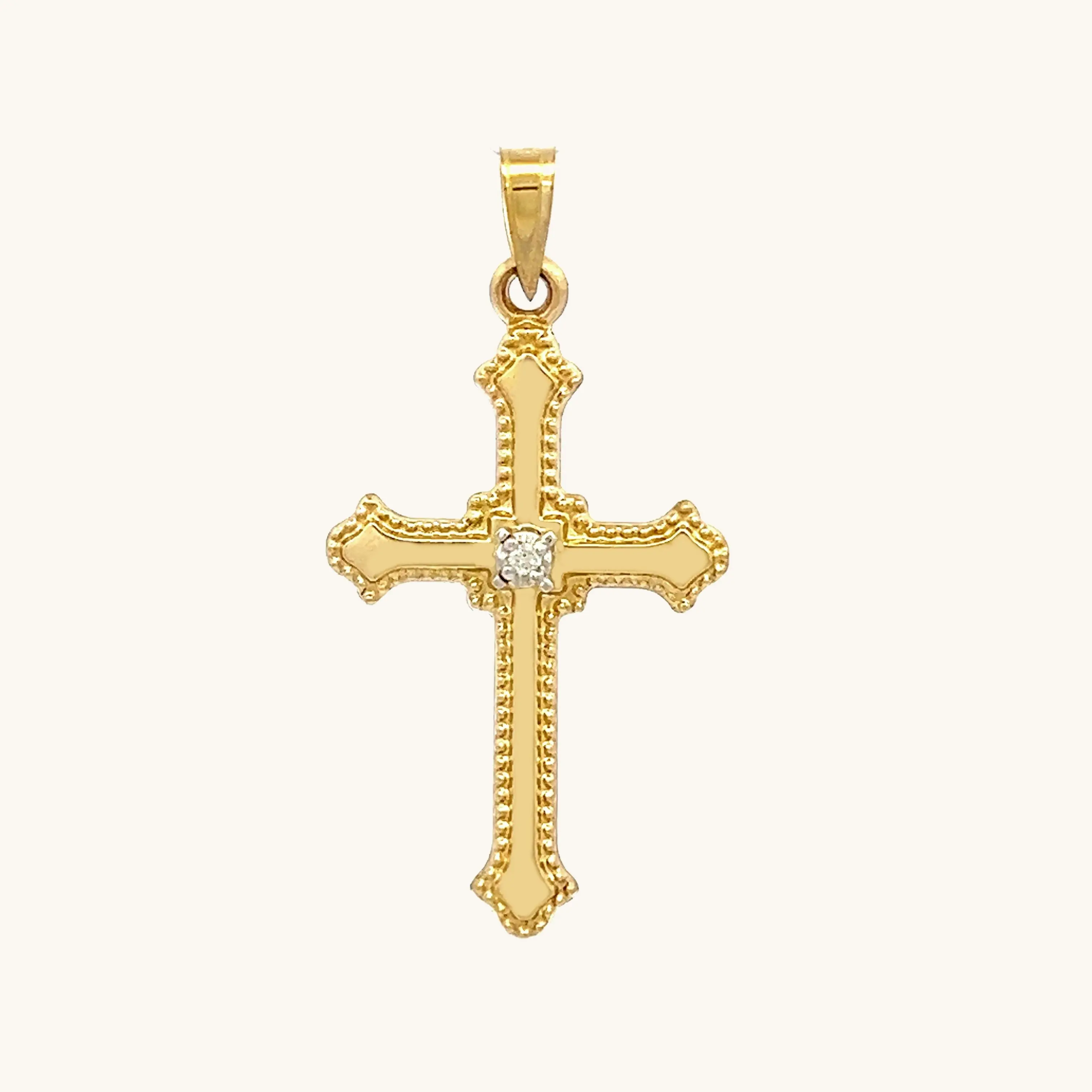 SOLID 14K GOLD BUDDED EDGE DIAMOND CROSS PENDANT