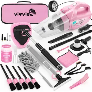 Pink Car Cleaning Kit, 21PCS Car Detailing Kit Interior Cleaner with 4-in-1 Handheld Car Vacuum Cleaner, Detailing Brush Set, Side Mirror Squeegee, Car Accessories for Cleaning, Gift for Women