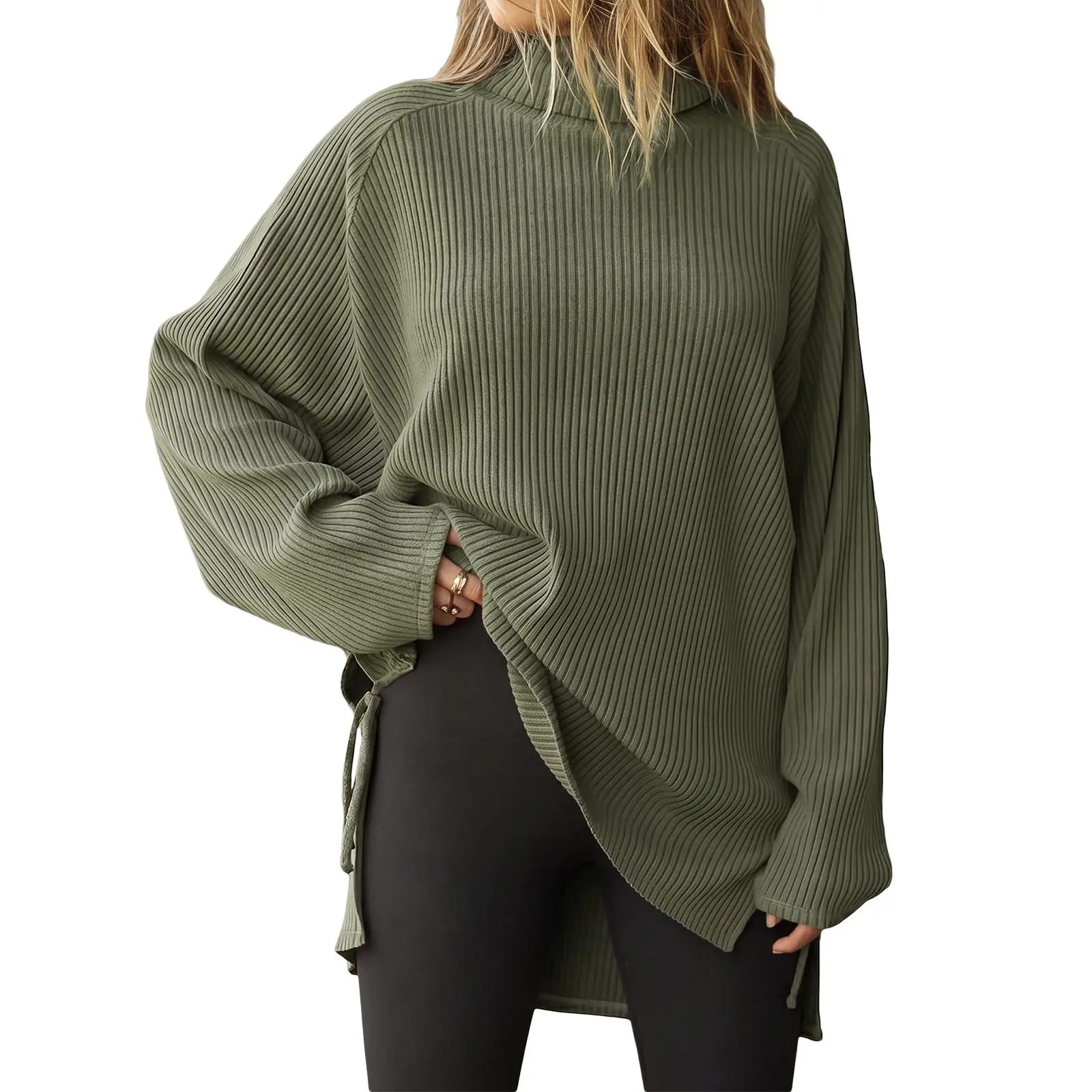 Women's Oversized Sweater Ribbed Turtleneck Casual Long Sleeve Knit Pullover Loose Tunic Top with Chic Side Ties