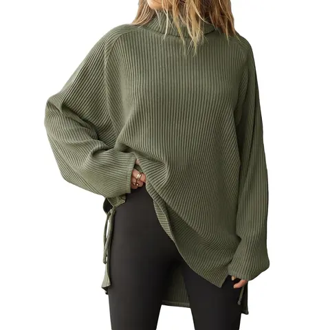 Women's Oversized Sweater Ribbed Turtleneck Casual Long Sleeve Knit Pullover Loose Tunic Top with Chic Side Ties