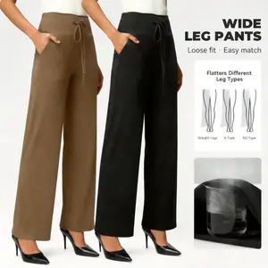 NunuFlex Women's 2-Pack Wide Leg Casual Loungewear Bottoms - Comfortable Soft Stretch Fabric, Side Pockets, Elastic Fake Drawstring Waistband, Chic, Elegant - for Gym, Office
