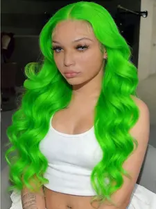 Neon Green Body Wave Hairstyle Wigs 13x4 Lace Front Wigs Pre-Plucked Hairline Synthetic Wig Valentine Look Wig Valentine's Day Date Night Lace Front Wigs for Women Party Cosplay Stage Valentine's Day Present Gift 28 Inch